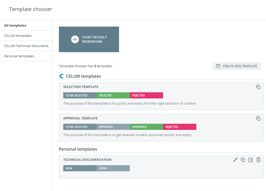 Template chooser for creating a new CELUM workroom